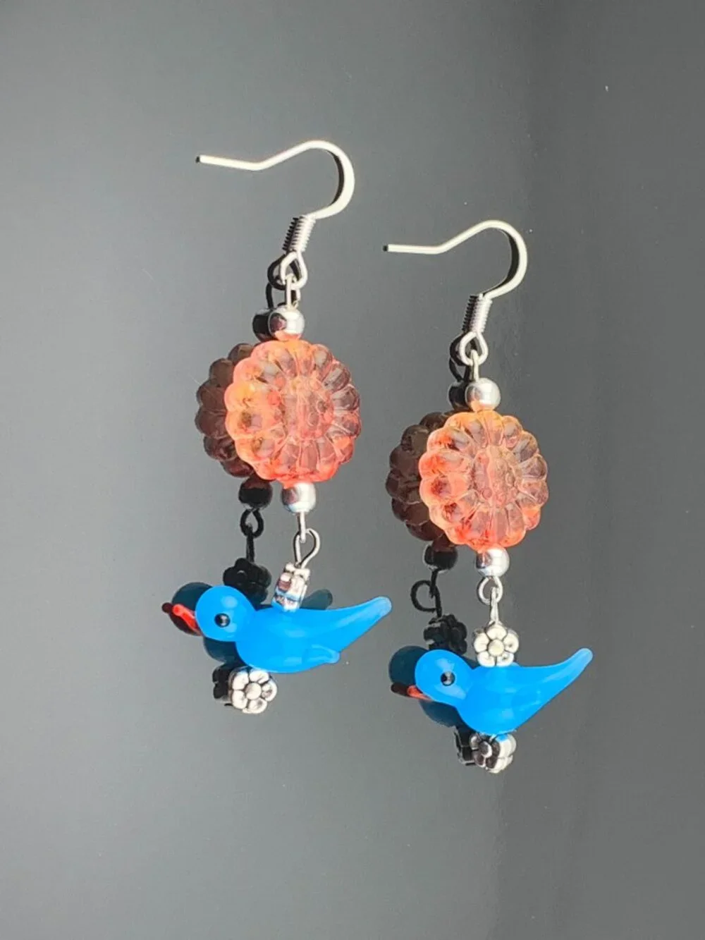 BLUEBIRD Orange Flower Lampwork Glass Bead Handmade Earrings LR213